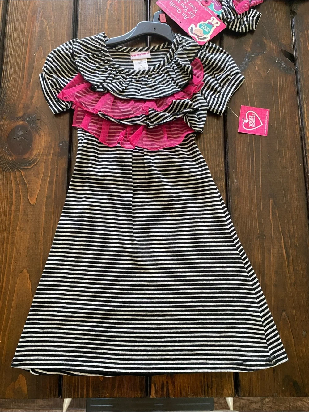 What A Doll Striped Dress w/Pink Ruffle Trim and Matching Doll Dress! Size 4/5